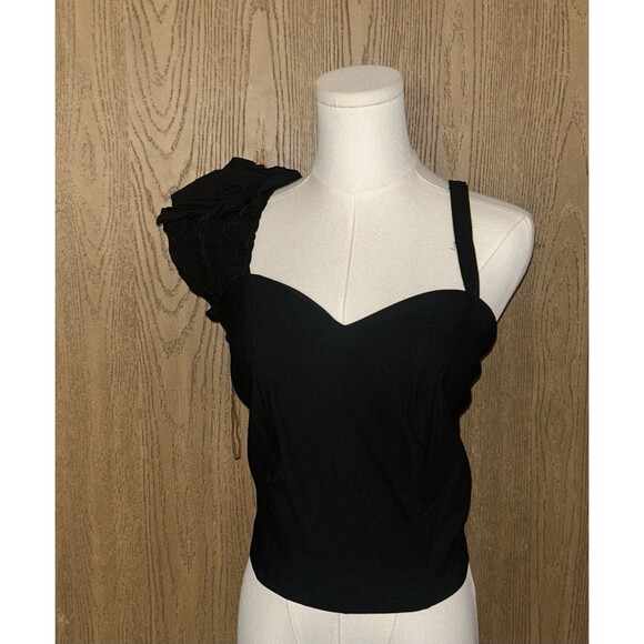 Ashley Stewart Black One-Shoulder Bustier Top Size 14 NWT Ruffle Statement Top - Picture 7 of 12